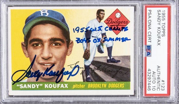 1955 Topps #123 Sandy Koufax Signed and Inscribed Rookie Card – PSA/DNA GEM MT 10 Signature!